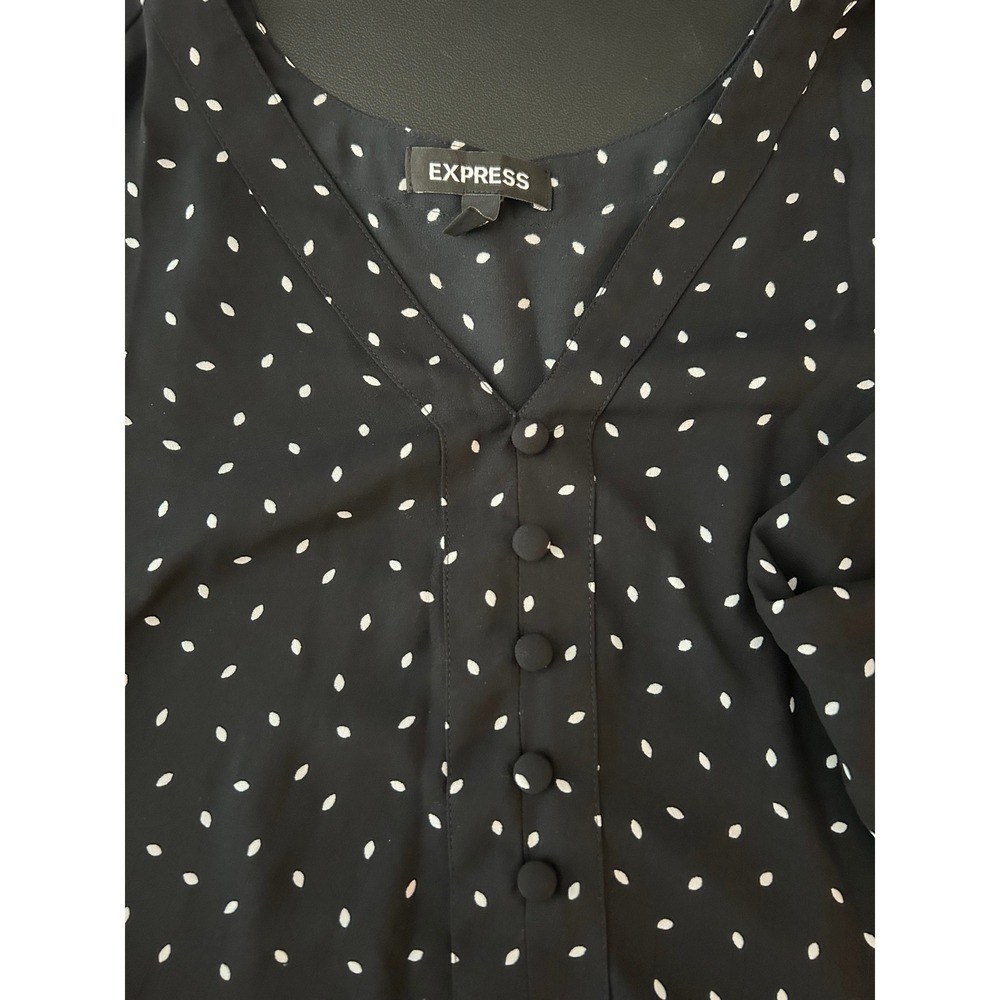 Express Black White Polka Dot V-Neck Button Front High Low Blouse Medium (0469) - Picture 4 of 13